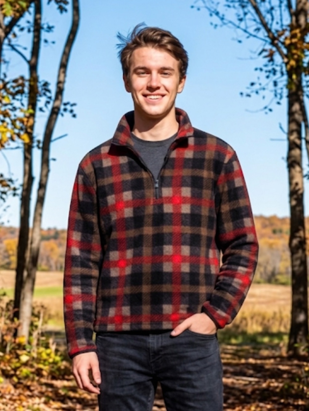 J Crew Plaid Polar Fleece Quarter Zip Over Jacket Red Black Unisex Fleece